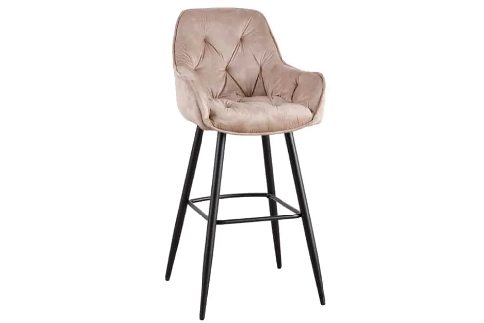 Design Barhocker MILANO champagner beige Samt Barstuhl mit Lehne Metall schwarz