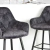 Design Barhocker MILANO grau Samt Barstuhl mit Lehne Metall schwarz Chesterfield-Steppung