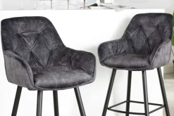 Design Barhocker MILANO grau Samt Barstuhl mit Lehne Metall schwarz Chesterfield-Steppung