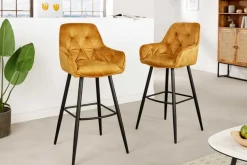 Design Barhocker MILANO senfgelb Samt Barstuhl mit Lehne Metall schwarz