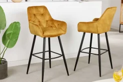 Design Barhocker MILANO senfgelb Samt Barstuhl mit Lehne Metall schwarz