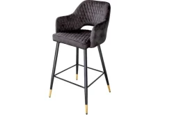 Design Barhocker PARIS grau Samt mit Lehne Metall schwarz gold Ziersteppung