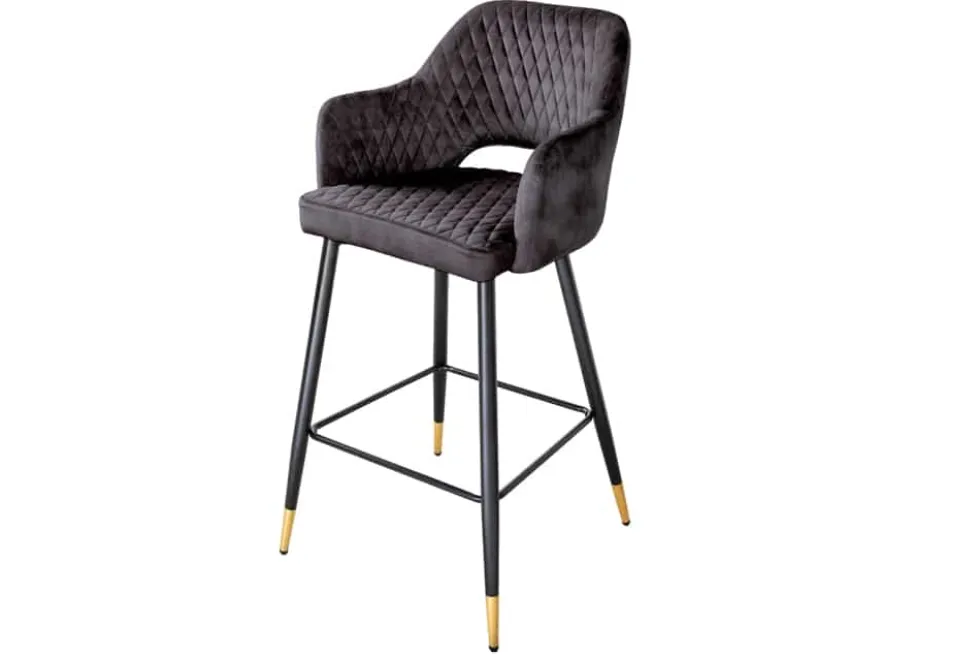 Design Barhocker PARIS grau Samt mit Lehne Metall schwarz gold Ziersteppung
