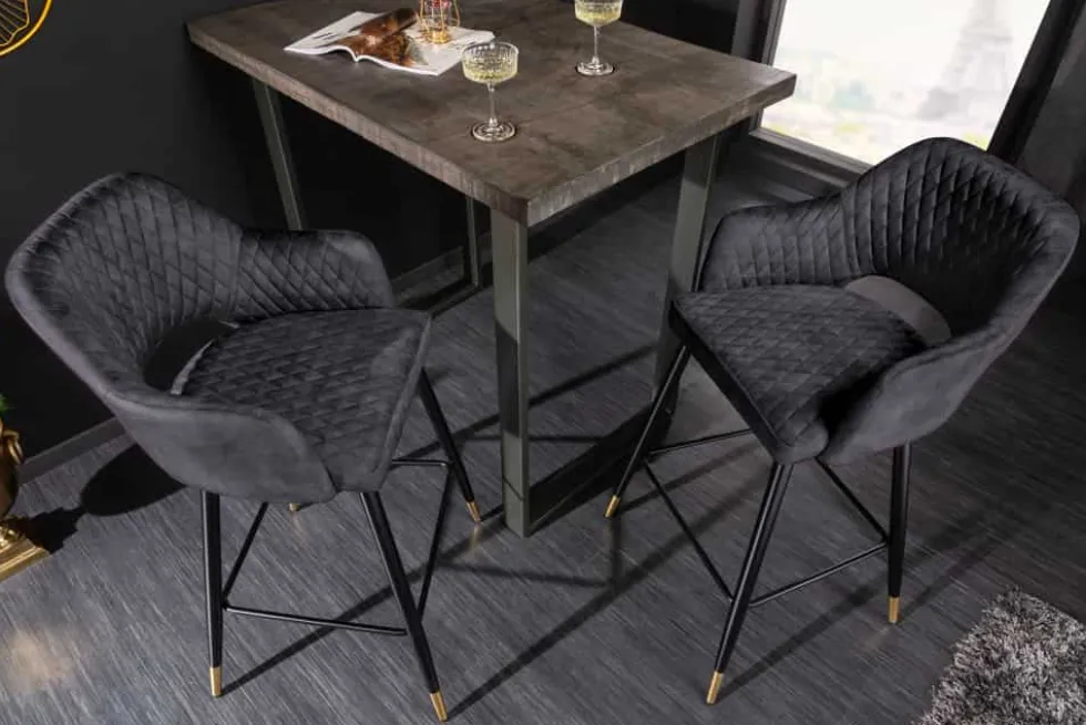 Design Barhocker PARIS grau Samt mit Lehne Metall schwarz gold Ziersteppung