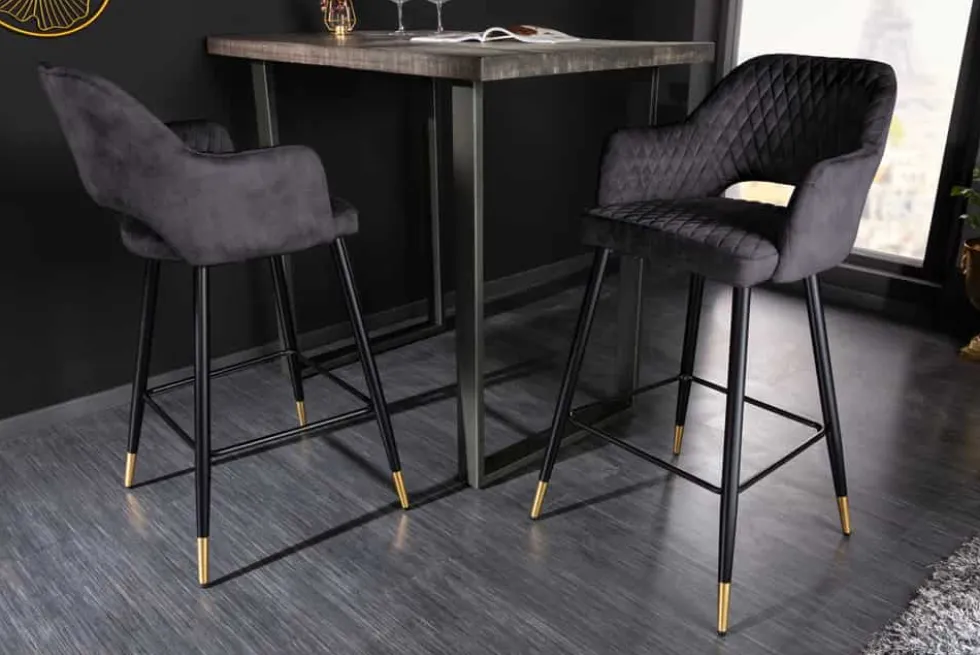 Design Barhocker PARIS grau Samt mit Lehne Metall schwarz gold Ziersteppung