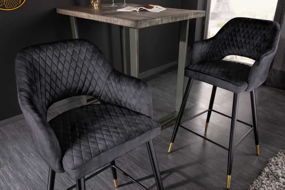 Design Barhocker PARIS grau Samt mit Lehne Metall schwarz gold Ziersteppung