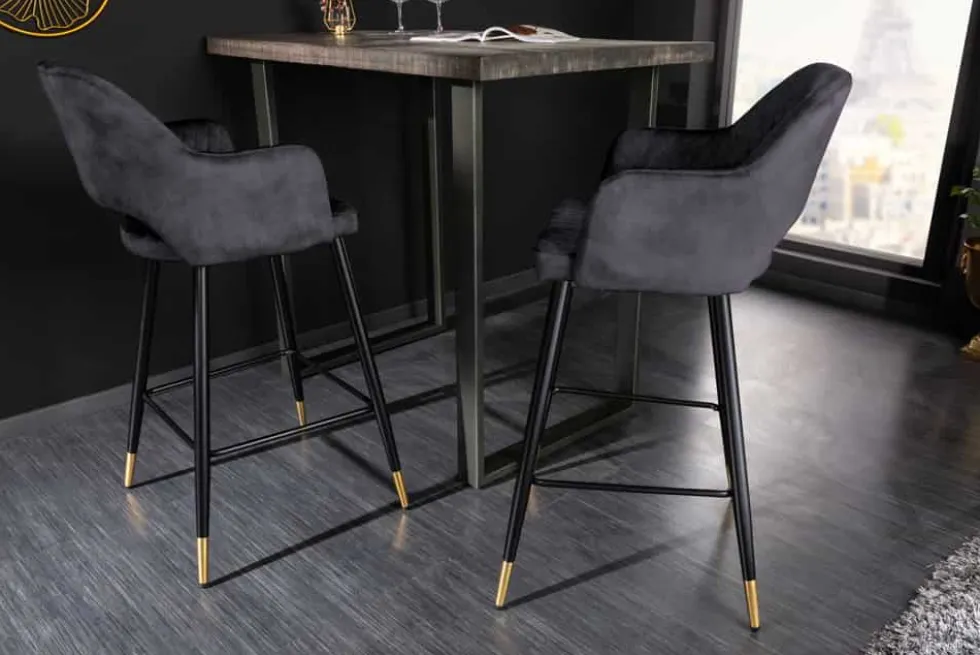 Design Barhocker PARIS grau Samt mit Lehne Metall schwarz gold Ziersteppung