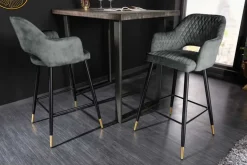 Design Barhocker PARIS grün Samt mit Lehne Metall schwarz gold Ziersteppung