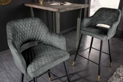 Design Barhocker PARIS grün Samt mit Lehne Metall schwarz gold Ziersteppung