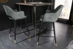 Design Barhocker PARIS grün Samt mit Lehne Metall schwarz gold Ziersteppung