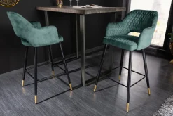 Design Barhocker PARIS petrol Samt Ziersteppung Fußkappen gold mit Armlehnen