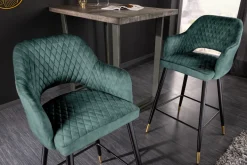 Design Barhocker PARIS petrol Samt Ziersteppung Fußkappen gold mit Armlehnen