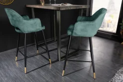Design Barhocker PARIS petrol Samt Ziersteppung Fußkappen gold mit Armlehnen