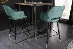 Design Barhocker PARIS petrol Samt Ziersteppung Fußkappen gold mit Armlehnen