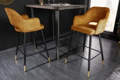 Design Barhocker PARIS senfgelb Samt mit Lehne Metall schwarz gold Ziersteppung