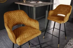 Design Barhocker PARIS senfgelb Samt mit Lehne Metall schwarz gold Ziersteppung
