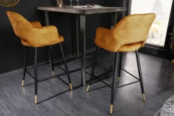 Design Barhocker PARIS senfgelb Samt mit Lehne Metall schwarz gold Ziersteppung