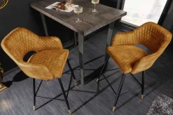 Design Barhocker PARIS senfgelb Samt mit Lehne Metall schwarz gold Ziersteppung