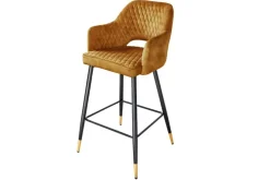 Design Barhocker PARIS senfgelb Samt mit Lehne Metall schwarz gold Ziersteppung
