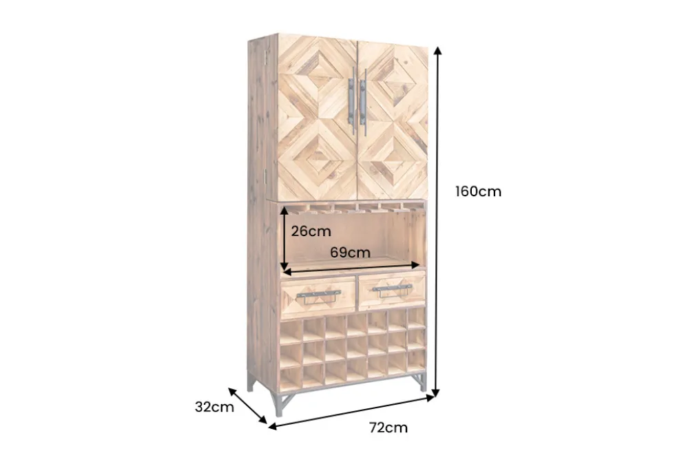 Design Barschrank BODEGA 160cm natur Pinienholz Weinregal Glashalter Schubladen