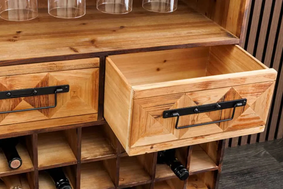 Design Barschrank BODEGA 160cm natur Pinienholz Weinregal Glashalter Schubladen