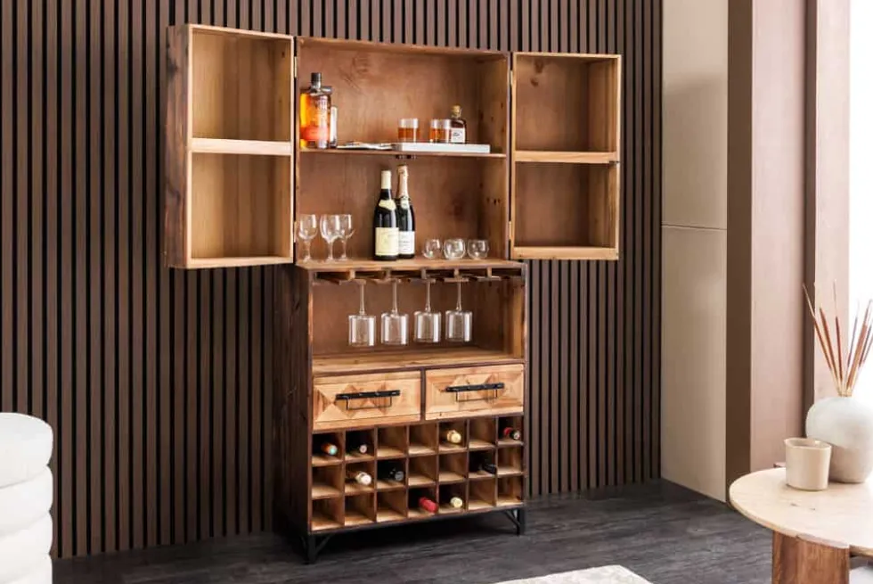 Design Barschrank BODEGA 160cm natur Pinienholz Weinregal Glashalter Schubladen