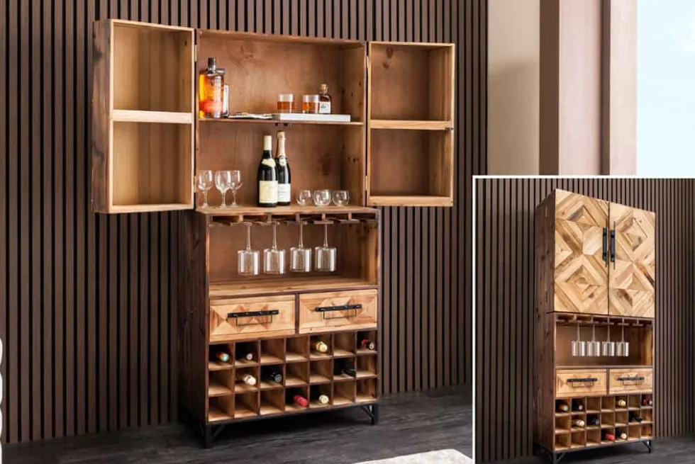 Design Barschrank BODEGA 160cm natur Pinienholz Weinregal Glashalter Schubladen