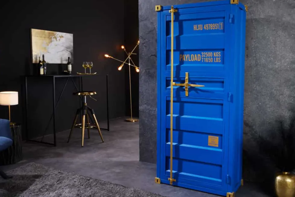 Design Barschrank Container GLOBETROTTER 180cm blau Weinregal Upcycling