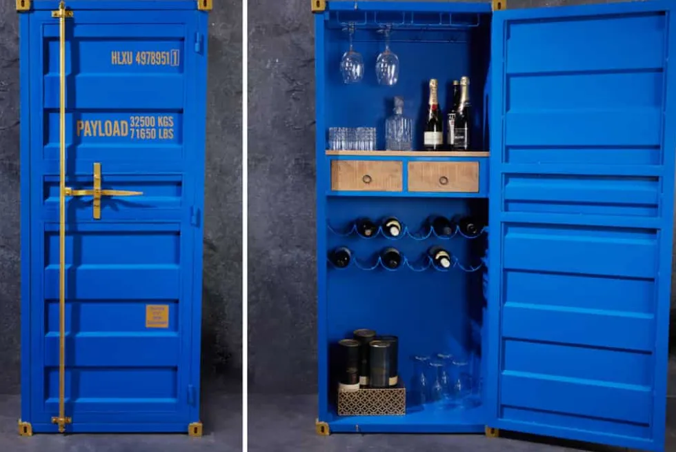 Design Barschrank Container GLOBETROTTER 180cm blau Weinregal Upcycling