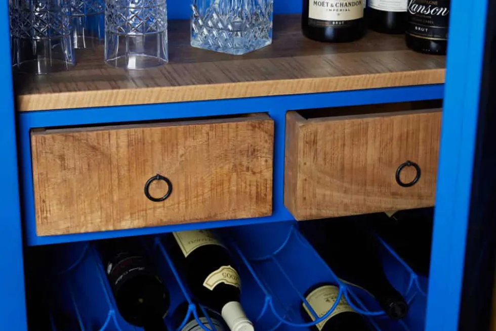 Design Barschrank Container GLOBETROTTER 180cm blau Weinregal Upcycling