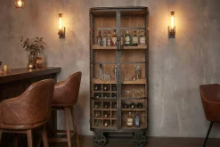 Design Barschrank LOFT 150cm natur Pinienholz Metall mit Flaschenregal