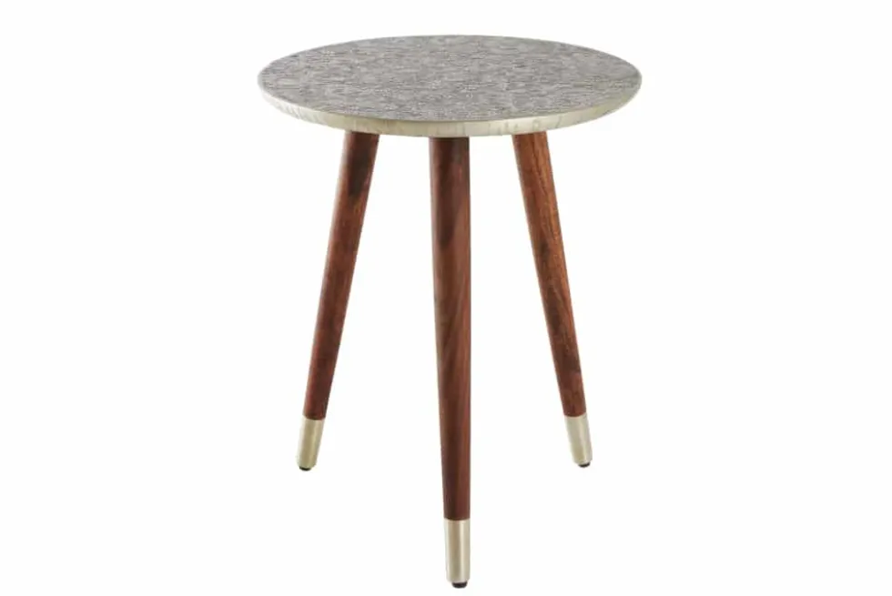 Design Beistelltisch ALCAZAR 50cm antik silber Metall Mangoholz Handarbeit rund