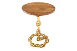 Design Beistelltisch CHAINS 55cm gold Mangoholz handmade Metall rund Kettengestell massiv