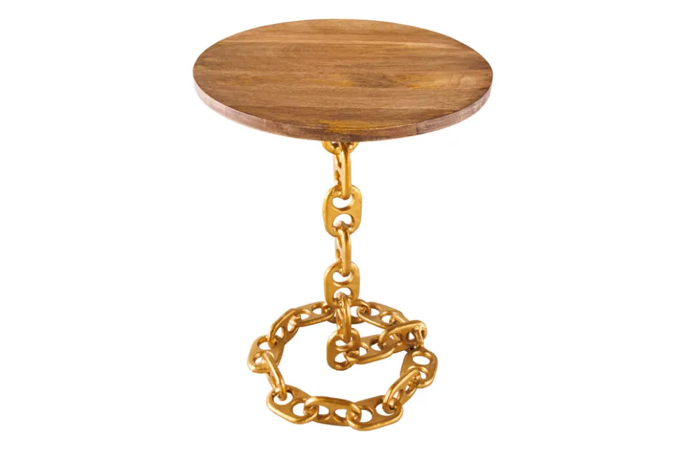 Design Beistelltisch CHAINS 55cm gold Mangoholz handmade Metall rund Kettengestell massiv