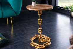 Design Beistelltisch CHAINS 55cm gold Mangoholz handmade Metall rund Kettengestell massiv