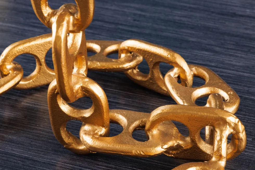 Design Beistelltisch CHAINS 55cm gold Mangoholz handmade Metall rund Kettengestell massiv