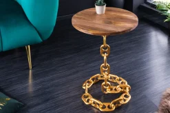 Design Beistelltisch CHAINS 55cm gold Mangoholz handmade Metall rund Kettengestell massiv