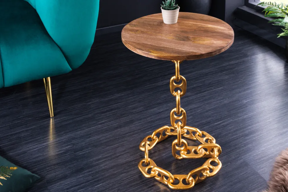 Design Beistelltisch CHAINS 55cm gold Mangoholz handmade Metall rund Kettengestell massiv