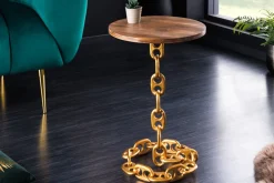 Design Beistelltisch CHAINS 55cm gold Mangoholz handmade Metall rund Kettengestell massiv