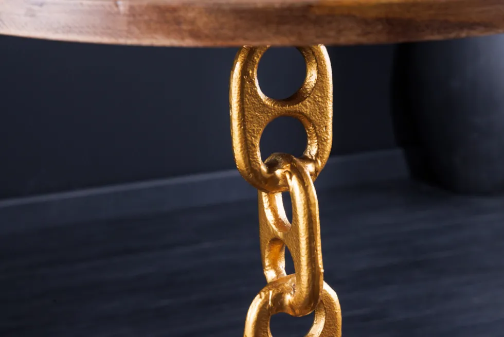 Design Beistelltisch CHAINS 55cm gold Mangoholz handmade Metall rund Kettengestell massiv