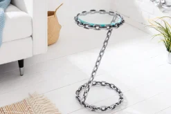 Design Beistelltisch CHAINS 35cm silber handmade Metall rund Glasplatte Kettengestell