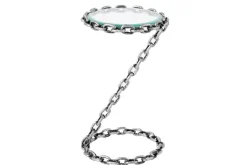 Design Beistelltisch CHAINS 35cm silber handmade Metall rund Glasplatte Kettengestell