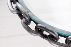 Design Beistelltisch CHAINS 35cm silber handmade Metall rund Glasplatte Kettengestell