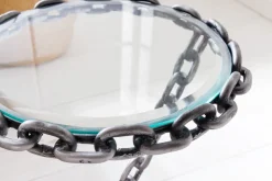 Design Beistelltisch CHAINS 35cm silber handmade Metall rund Glasplatte Kettengestell