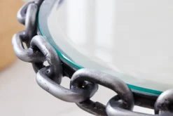 Design Beistelltisch CHAINS 35cm silber handmade Metall rund Glasplatte Kettengestell