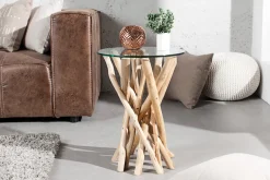 Design Beistelltisch DRIFTWOOD 40cm Teakholz mit Glasplatte rund Couchtisch