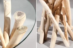 Design Beistelltisch DRIFTWOOD 40cm Teakholz mit Glasplatte rund Couchtisch