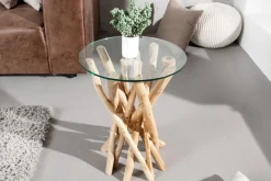 Design Beistelltisch DRIFTWOOD 40cm Teakholz mit Glasplatte rund Couchtisch
