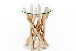 Design Beistelltisch DRIFTWOOD 40cm Teakholz mit Glasplatte rund Couchtisch