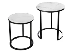 Design Beistelltisch ELEGANCE 2er Set weiß rund Kristallglas mit Marmor-Dekor schwarzes Gestell